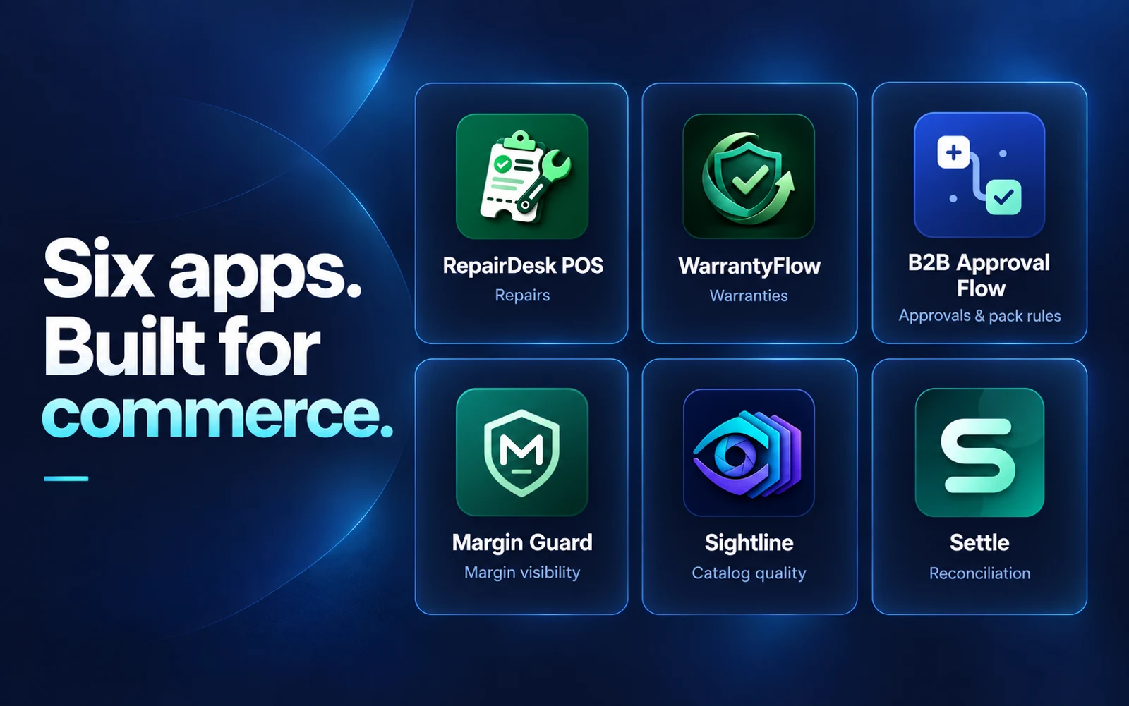 Six Smartechor Shopify apps: RepairDesk POS, WarrantyFlow, B2B Approval Flow, Margin Guard, Sightline and Settle.