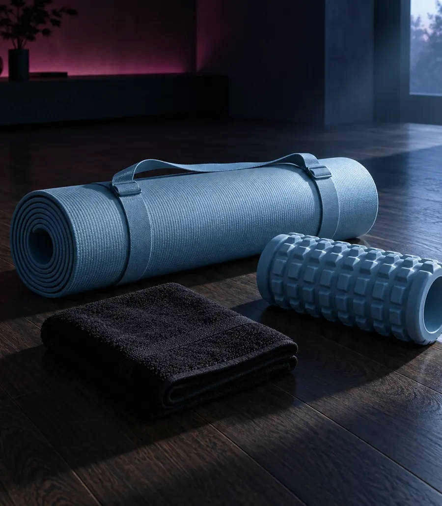 Rolled ice-blue yoga mat