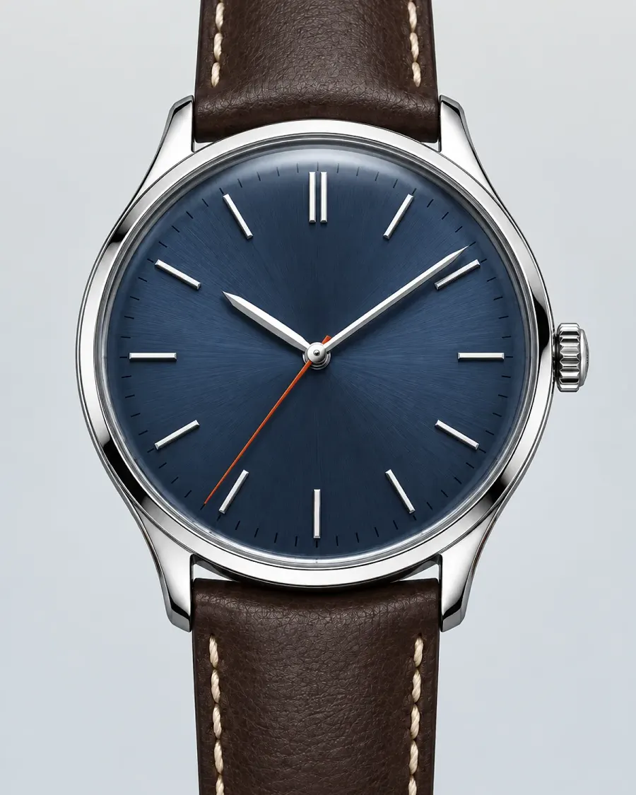 The Meridian Automatic with a navy dial, from the front, with numbered details
