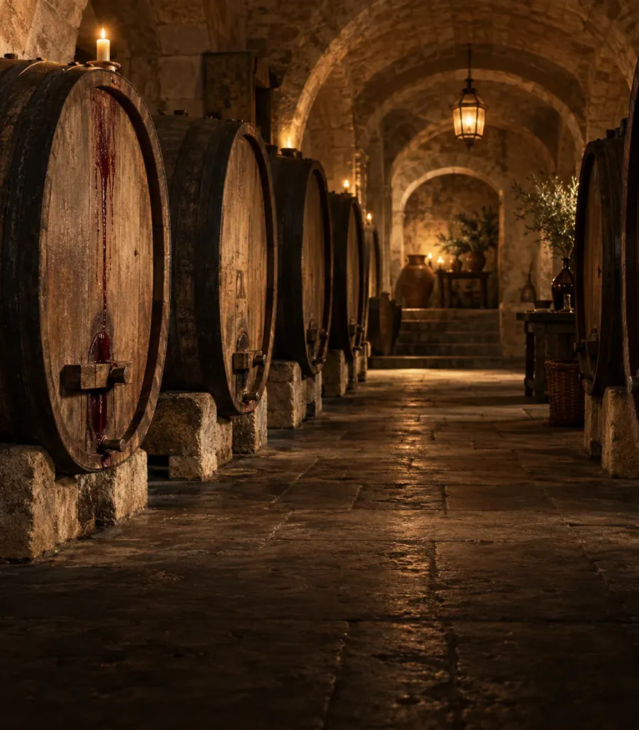 Old oak barrels in the stone cellar
